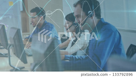 Handling customer calls using headsets and monitors while analyzing data overlays in open office 133792896