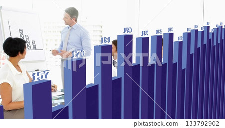 Presenting mid adult man wearing tie explaining bar graph in conference room, with 3D chart overlay Presenting mid adult man wearing tie explaining bar graph in conference room, with 3D chart overlay 133792902