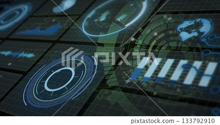 Floating ring chart at left of cockpit, with gauges, bars, waveform, world map, arrows, copy space 133792910