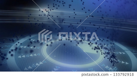 Pulsating circular UI element pulsating in interface space, with concentric rings and data streams 133792918