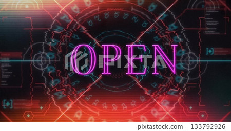 Displaying neon pink OPEN sign over digital interface, with HUD rings and numeric code panels 133792926