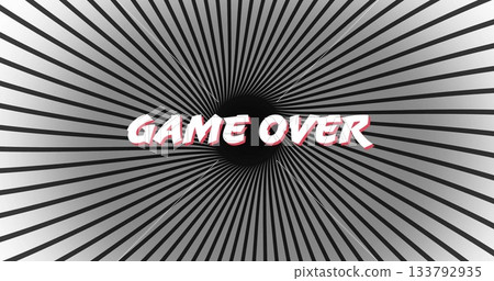 Showing GAME OVER text over black circle on digital background, with radial black and white stripes 133792935