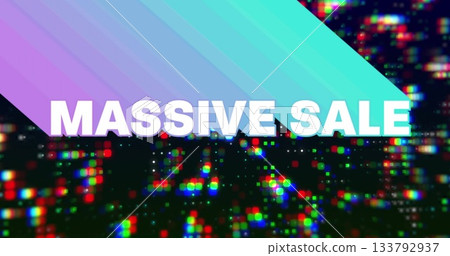 Displaying bold white text MASSIVE SALE sliding over pastel gradient on screen, with glitch pixels Displaying bold white text MASSIVE SALE sliding over pastel gradient on screen, with glitch pixels 133792937