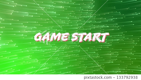 Bold stylized GAME START text flowing in green streaked game start screen with particle motion 133792938