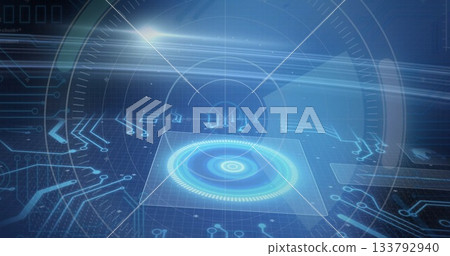 Displaying glowing holographic interface floating above panel with circuit overlays on virtual grid Displaying glowing holographic interface floating above panel with circuit overlays on virtual grid 133792940