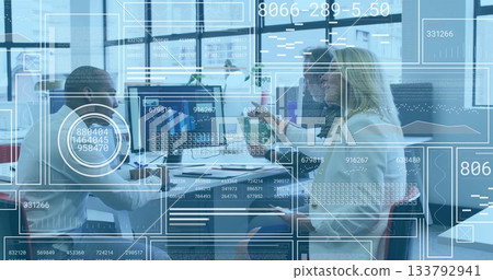 Collaborating three professionals analyzing data charts in office meeting area, with dual monitors Collaborating three professionals analyzing data charts in office meeting area, with dual monitors 133792941