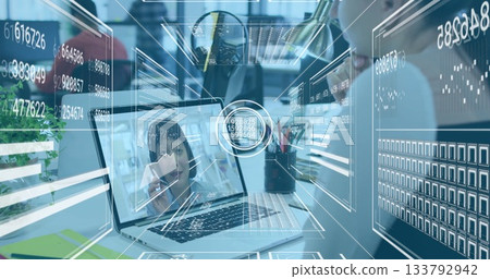 Image overlaying digital interface on laptop during image call in office 133792942