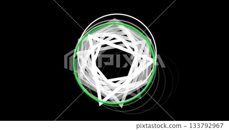 Displaying layered translucent polygons inside neon green circle on black backdrop with grey rings Displaying layered translucent polygons inside neon green circle on black backdrop with grey rings 133792967