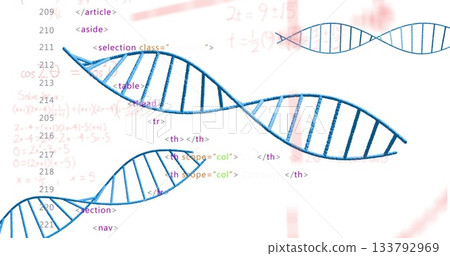 Displaying stylized blue DNA helices winding across white canvas, showing code and math equations Displaying stylized blue DNA helices winding across white canvas, showing code and math equations 133792969