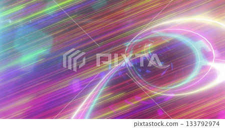Emitting pastel glows from ring-like structure in space with neon streaks and particles, copy space 133792974