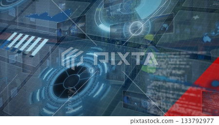 Monitoring warehouse worker in yellow hard hat and safety vest scanning holographic UI, copy space Monitoring warehouse worker in yellow hard hat and safety vest scanning holographic UI, copy space 133792977