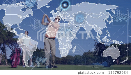 Swinging golf club, golfer with image of world map and data overlays Swinging golf club, golfer with image of world map and data overlays 133792984