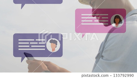 Using smartphone, child in image with colorful chat bubbles in school 133792990