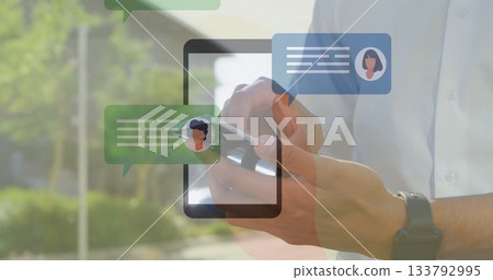 Using smartphone, person viewing image of chat message icons on screen 133792995