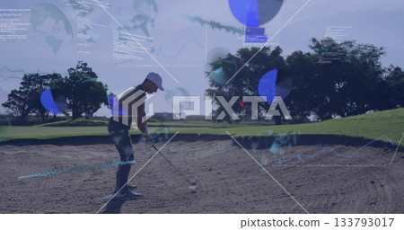 Positioning golfer lining up club and ball in bunker at golf course, with data overlays 133793017