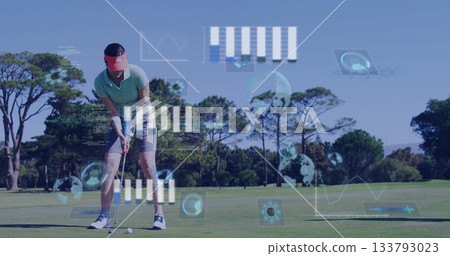 Mature golfer lining up putt on fairway with putter, ball, visor, glove, data overlays, copy space 133793023