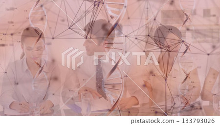 Writing notes with pens, professionals in suits reviewing documents in boardroom, with DNA graphics Writing notes with pens, professionals in suits reviewing documents in boardroom, with DNA graphics 133793026