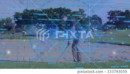 Male golfer in striped polo addressing golf ball in sand bunker on golf course, with HUD Male golfer in striped polo addressing golf ball in sand bunker on golf course, with HUD 133793039