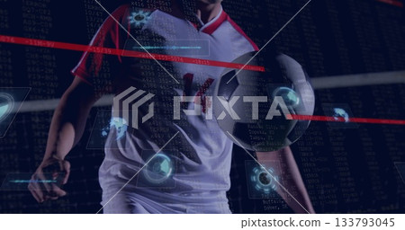 Displaying soccer ball, player wearing white jersey in front of goal net, with digital HUD overlays 133793045