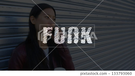 Asian woman in red jacket holding coffee cup using smartphone by storefront shutter, copy space Asian woman in red jacket holding coffee cup using smartphone by storefront shutter, copy space 133793060