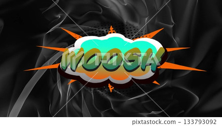Floating comic-style speech bubble hovering over black backdrop, with gradient WOOSH text and rays 133793092