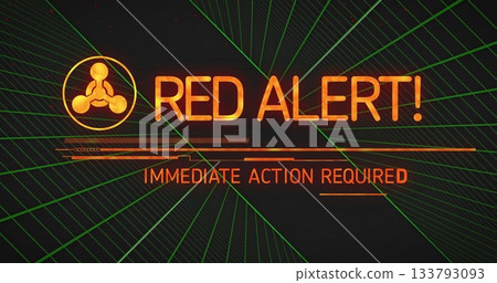 Displaying red alert graphic with hazard icon on digital interface, with neon bars and grid lines Displaying red alert graphic with hazard icon on digital interface, with neon bars and grid lines 133793093