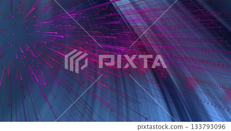 Neon pink light streams and dotted trails radiating in virtual space, with gradient color fields 133793096