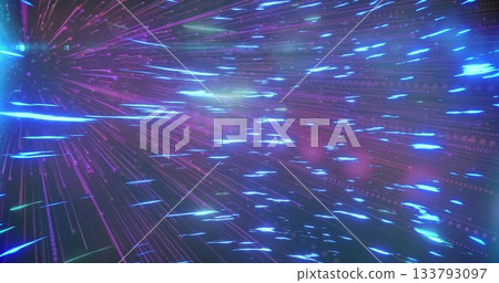 Streaming neon light streaks converging through digital tunnel, with glowing particles 133793097