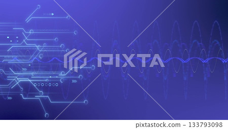 Oscillating digital waveform spanning blue gradient backdrop, with glowing circuit network details 133793098
