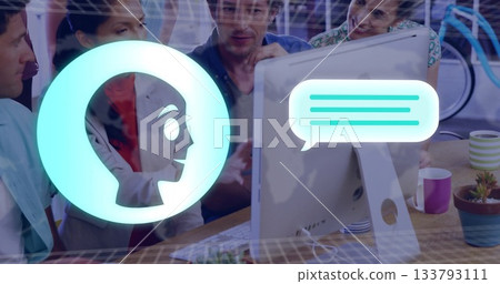 Six coworkers collaborating around computer monitor in open office with coffee and overlay icons Six coworkers collaborating around computer monitor in open office with coffee and overlay icons 133793111