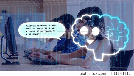 Typing support agent wearing white sleeveless top, headset at desk with binary overlay, copy space 133793112