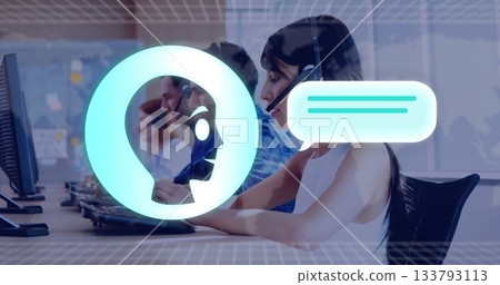 Agent in white top focusing on monitors in call center, with headset, chat icon, copy space Agent in white top focusing on monitors in call center, with headset, chat icon, copy space 133793113