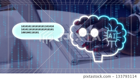 Typing hands pressing white keyboard at office desk, with binary code streams and AI brain graphic Typing hands pressing white keyboard at office desk, with binary code streams and AI brain graphic 133793114