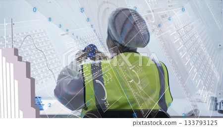 Pipetting lab tech wearing lab coat hi-vis vest at lab bench with multiwell plate, digital overlay Pipetting lab tech wearing lab coat hi-vis vest at lab bench with multiwell plate, digital overlay 133793125