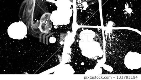 Displaying abstract white paint splatter pattern on canvas surface, featuring drips streaks blobs 133793184