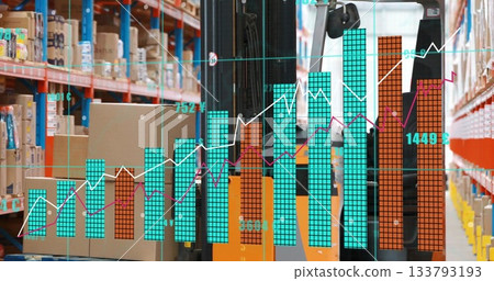 Operating forklift carrying pallet of boxes in warehouse, with teal bar charts, line graphs overlay Operating forklift carrying pallet of boxes in warehouse, with teal bar charts, line graphs overlay 133793193
