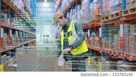 Standing warehouse worker in yellow vest surveying storage aisle, with green digital grid overlay Standing warehouse worker in yellow vest surveying storage aisle, with green digital grid overlay 133793194