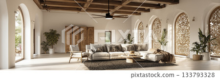 Spacious boho living room with high ceiling neutral sofa arched windows decorative screens and indoor plants 133793328
