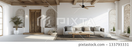 Boho living room with high ceiling, neutral palette, carved wooden door, arched niches and cozy seating 133793331