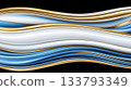 Abstract wave pattern with gold, white, and blue metallic lines on black background 133793349