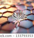 Fractured crystal on hexagonal metallic surface reflecting light 133793353