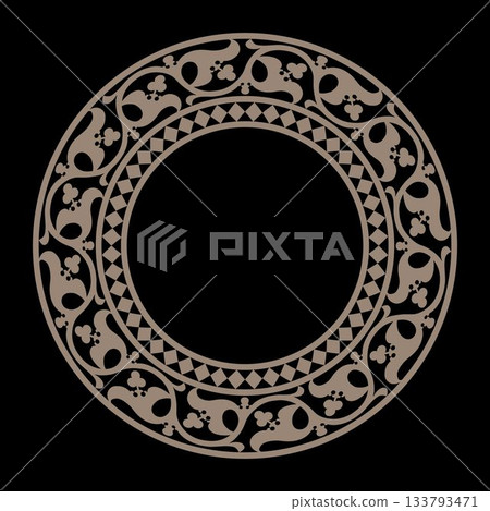 Abstract ornament. Vintage, ethnic vector frame. Oriental vector round gold frame with arabesques and floral elements. Pattern frame for round surfaces, household utensils, textiles, embroidery, plate 133793471