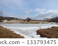 Wide angle winter landscape featuring a large frozen pond surrounded by dry grass and a distant forest line under a blue sky with clouds 133793475