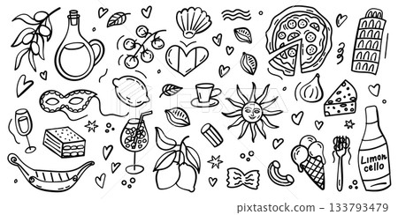 Hand drawn Italy doodles with cuisine, architecture and cultural elements Hand drawn Italy doodles with cuisine, architecture and cultural elements 133793479