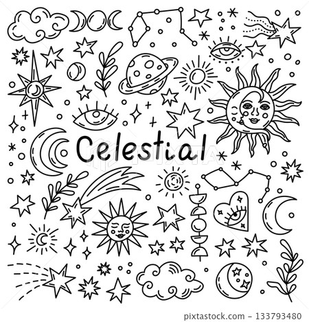 Mystical cosmic doodles featuring stars, sun, moon and planetary symbols Mystical cosmic doodles featuring stars, sun, moon and planetary symbols 133793480