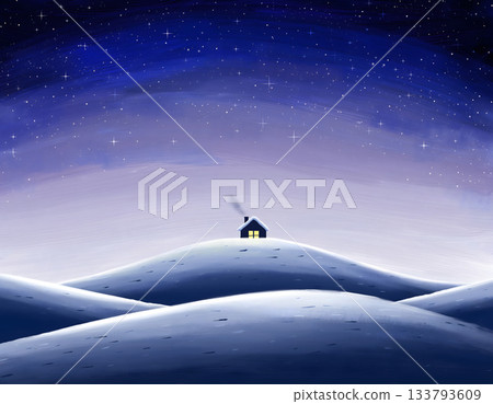 Dreamy Winter Night Illustration with Glowing Cabin on Snowy Hill 133793609