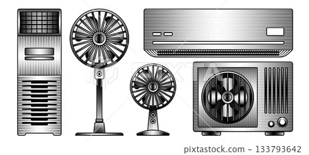 set of room cooling appliances including air conditioner unit electric fan outdoor compressor vintage engraving illustration black and white set of room cooling appliances including air conditioner unit electric fan outdoor compressor vintage engraving illustration black and white 133793642