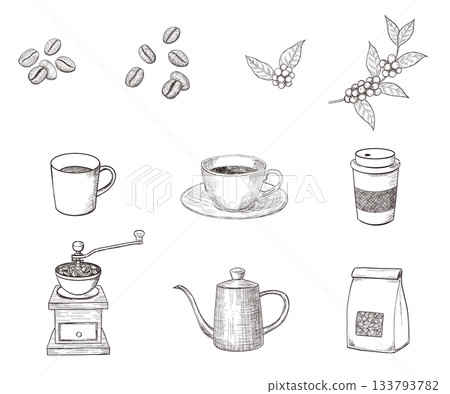 Coffee retro hand drawn pen drawing set 133793782