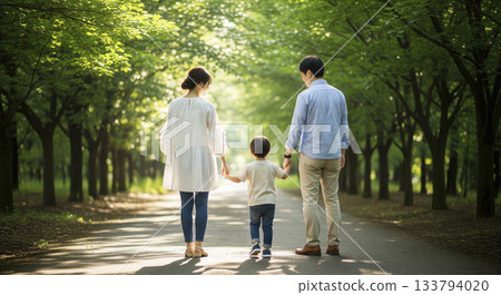 一家三口沿著綠樹成蔭的小路行走,背影清晰可見。 一家三口沿著綠樹成蔭的小路行走,背影清晰可見。 133794020