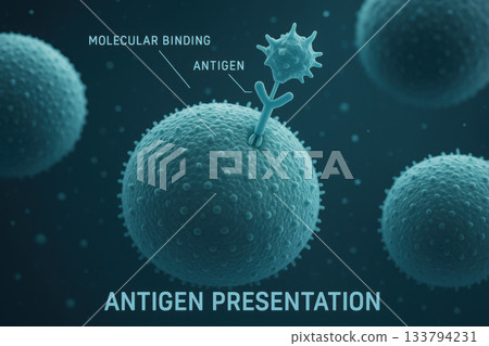 Futuristic biomedical graphic showing antigen presentation. This detailed illustration explains immune cell mechanism through molecular binding on cool toned background Futuristic biomedical graphic showing antigen presentation. This detailed illustration explains immune cell mechanism through molecular binding on cool toned background 133794231